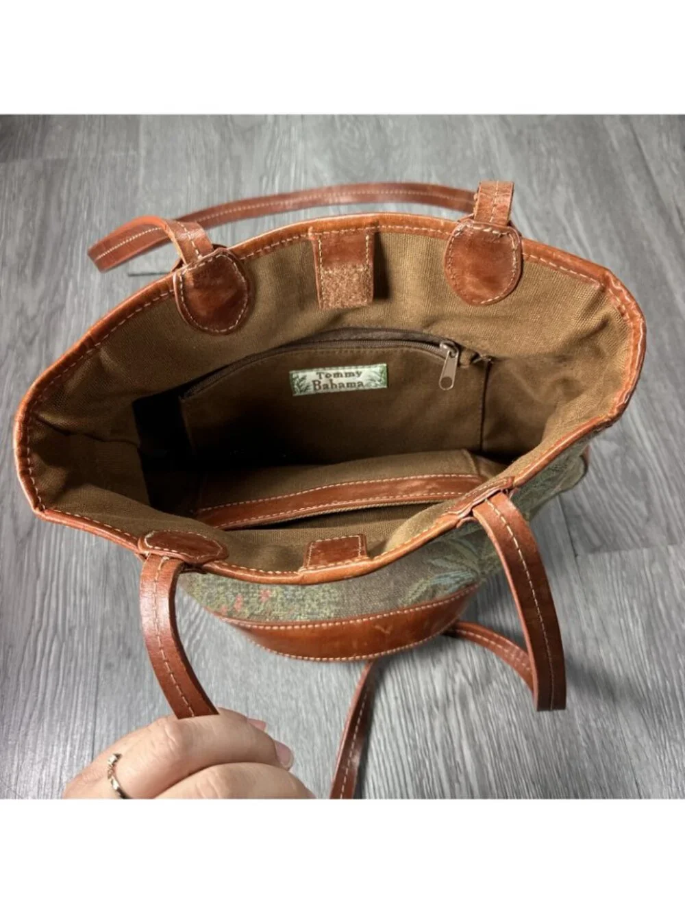 Tommy Bahama Vintage Handmade Tropical Palm Trees Canvas Round Leather Bag